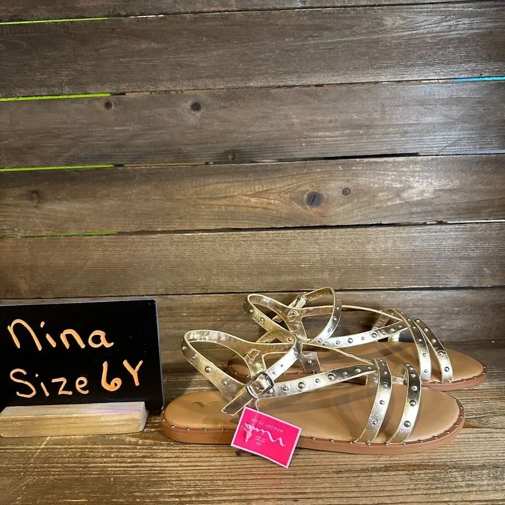 New NIB Big Kids‎ Nina Larsa Gold Beaded Leather Strappy Sandals Size 6 Y